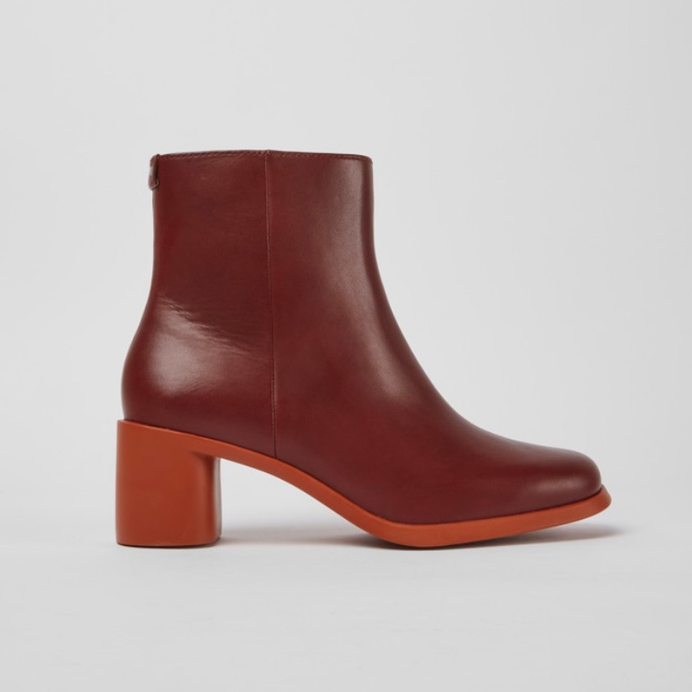 Camper Womens Leather Ankle Boot in Burgundy with Orange Heel